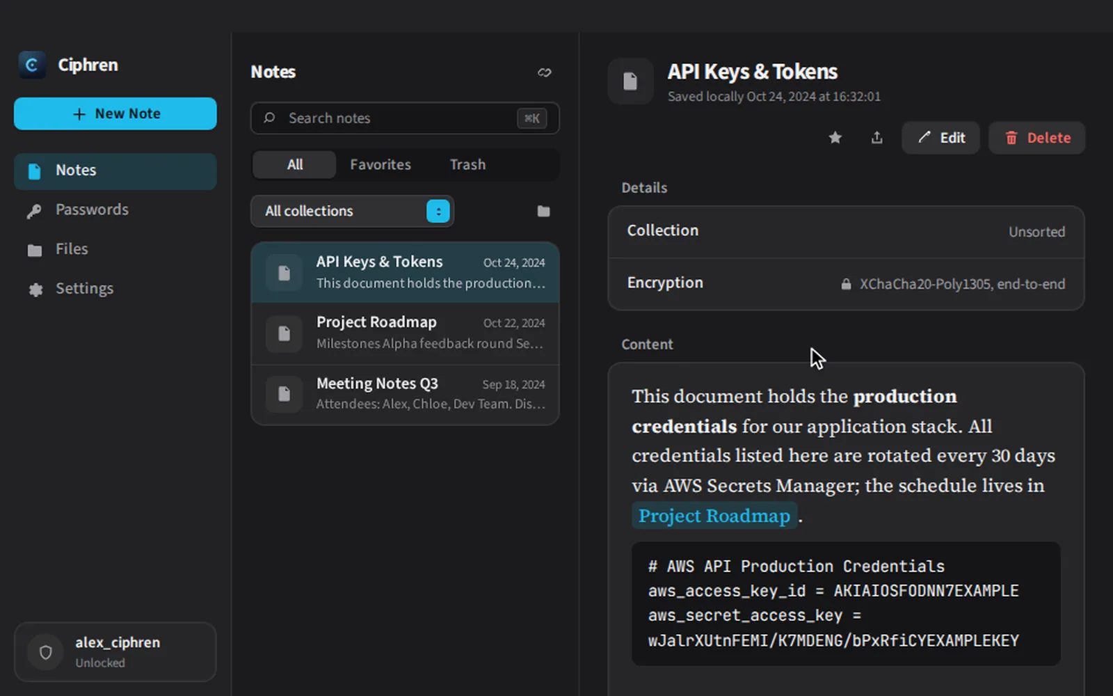 Writing a note with a heading and tasks, then linking to Project Roadmap.