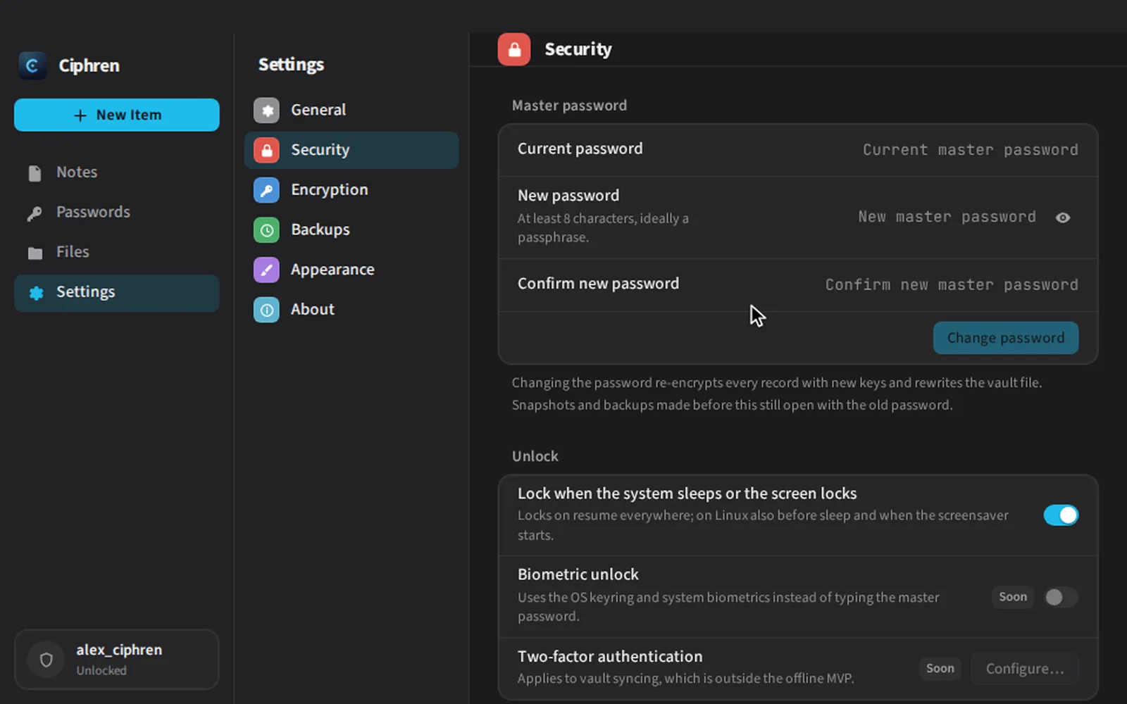 The vault locks with a keyboard shortcut and is unlocked again.
