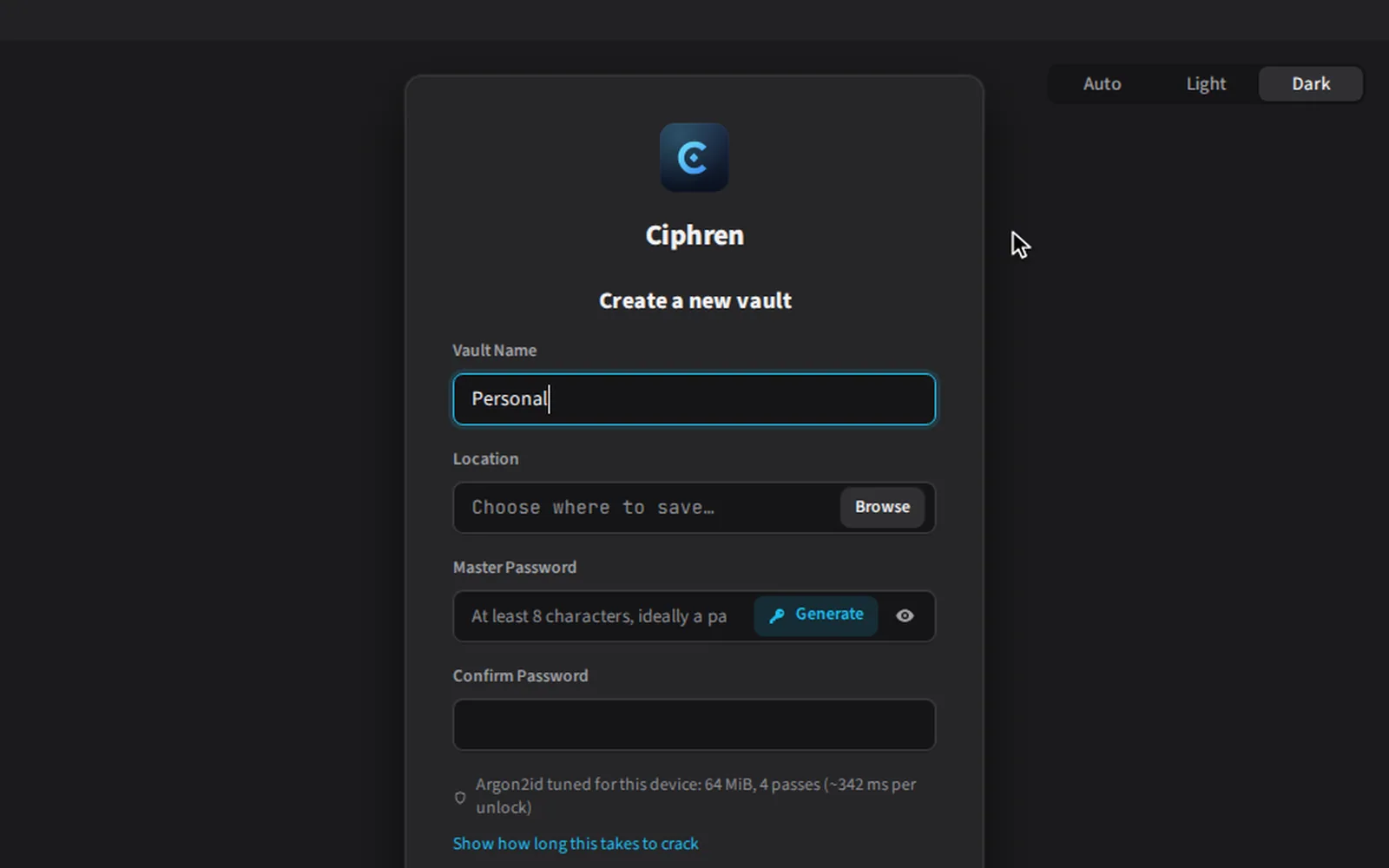 Creating a vault and typing a passphrase while the crack-time table updates.