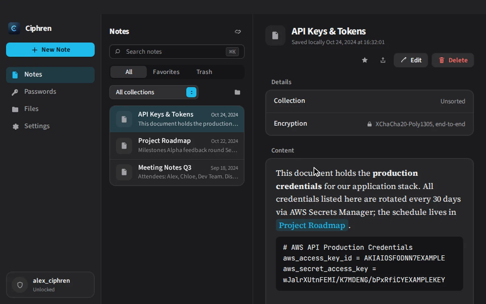 Ciphren switching between notes, passwords and settings.